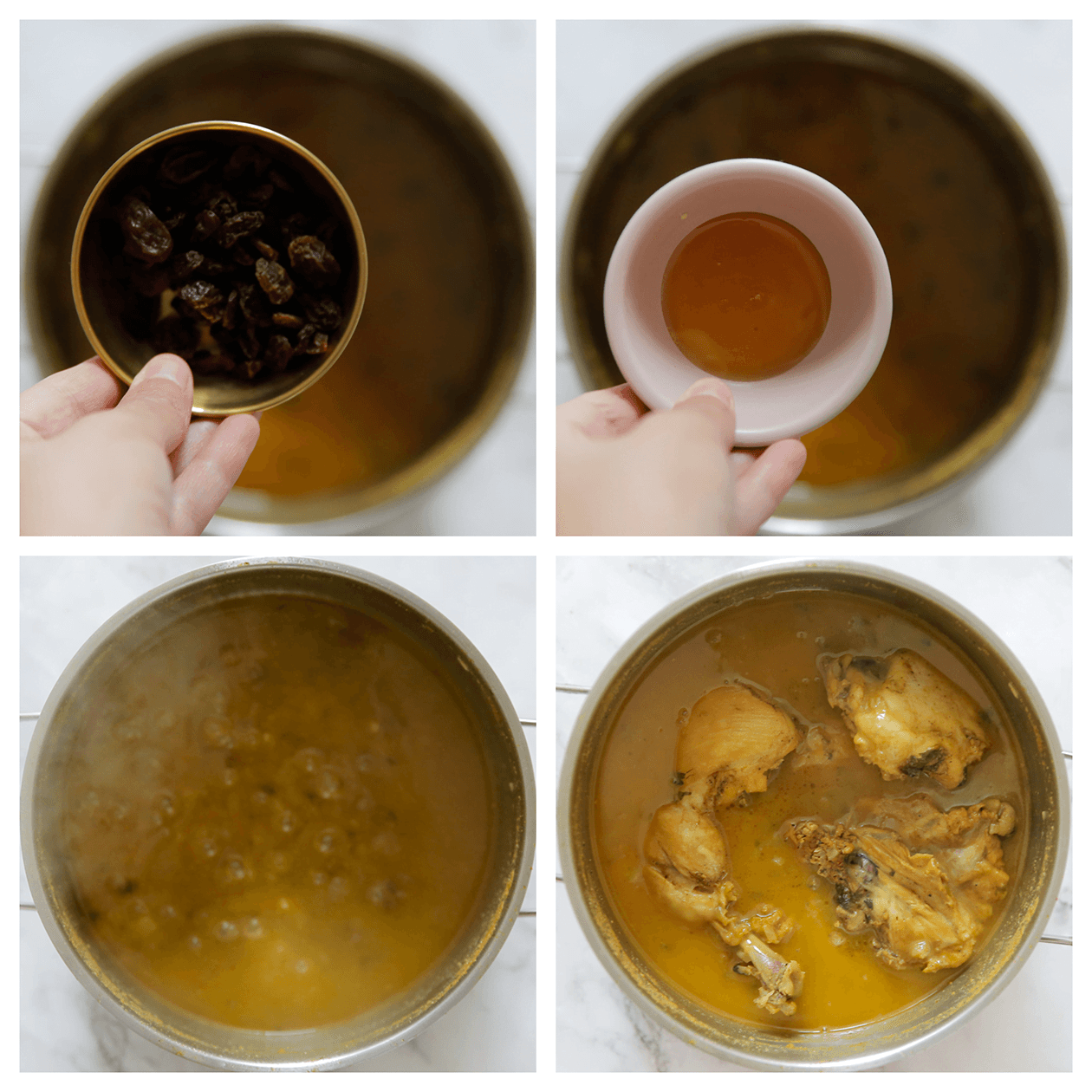 Rozijnen, honing koken in de pan en vervolgens de kip terug in de pan