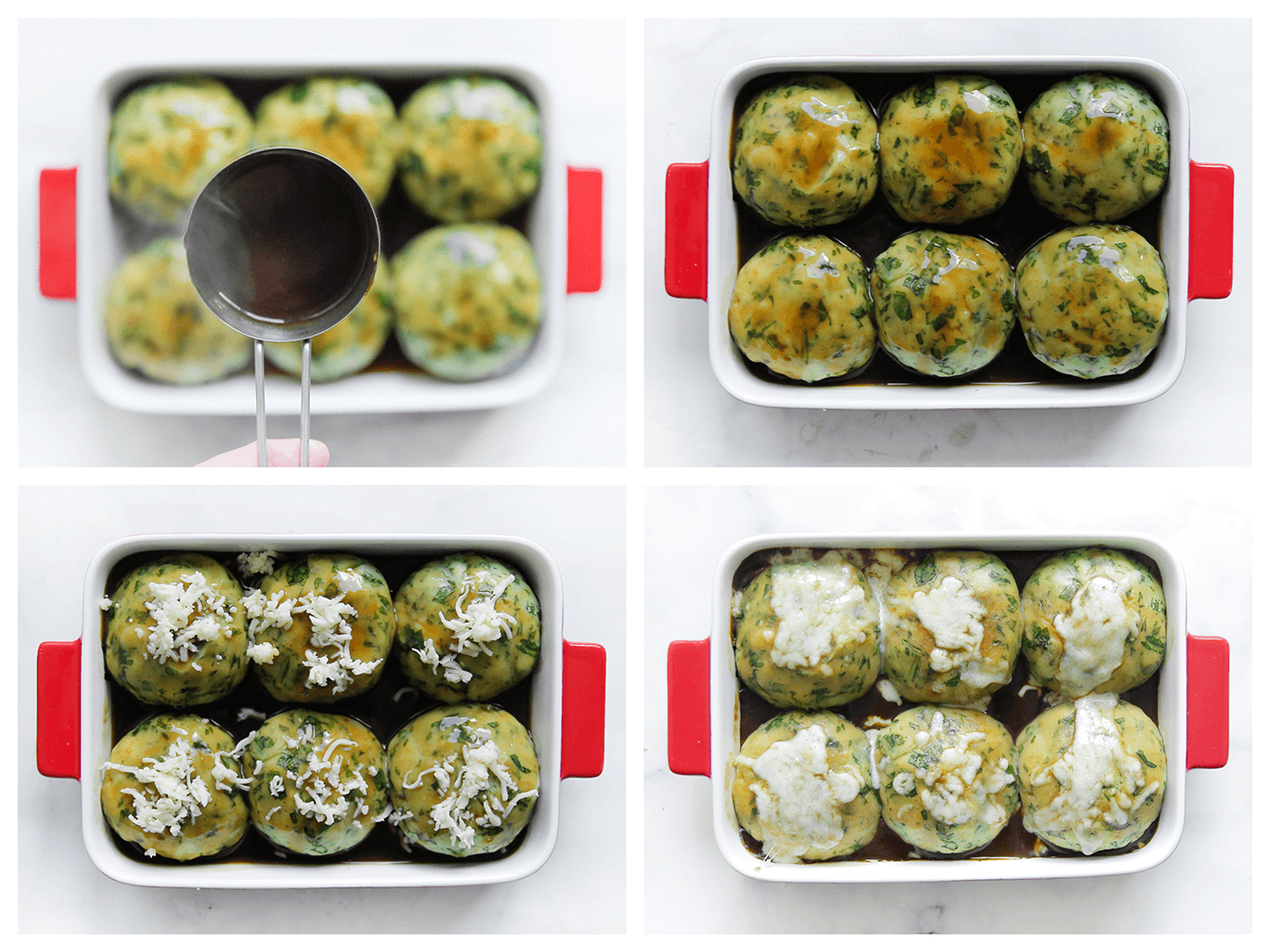 Spinaziebollen met kip, jus en kaas bakken in de oven