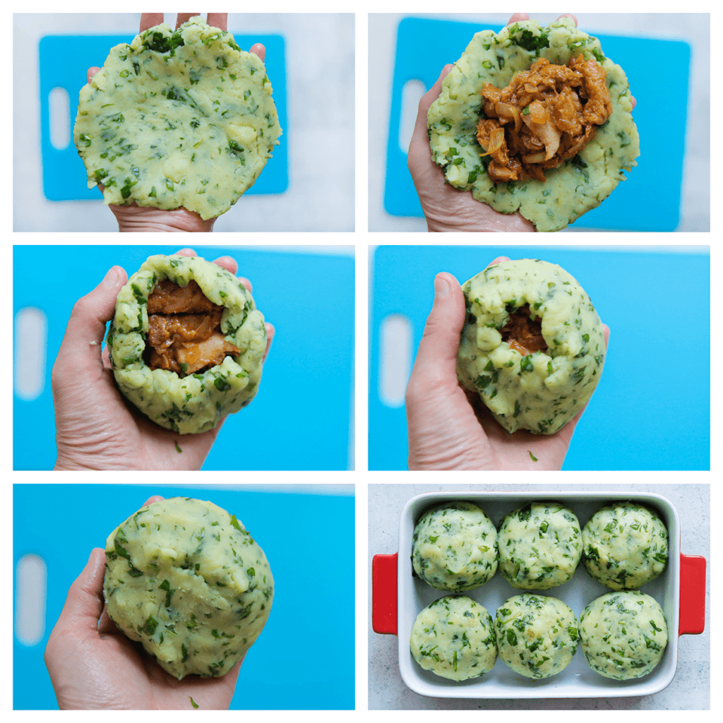 Neem wat van het aardappel-spinaziemengsel en druk plat op je hand. Voeg het kipmengsel toe. Maak goed dicht. Leg de gevulde aardappel-spinaziebollen in een ovenschaal.