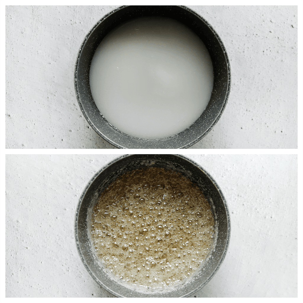 Doe de suiker en het water in een steelpan. Kook tot de suiker een bruine kleur krijgt. Roer niet maar laat het rustig koken.