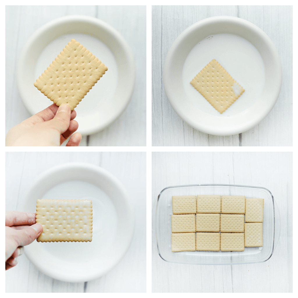 Doe wat melk in een kom. Neem een theekoekje en haal deze door de melk. Verdeel de theekoekjes over de bodem van een bakvorm.