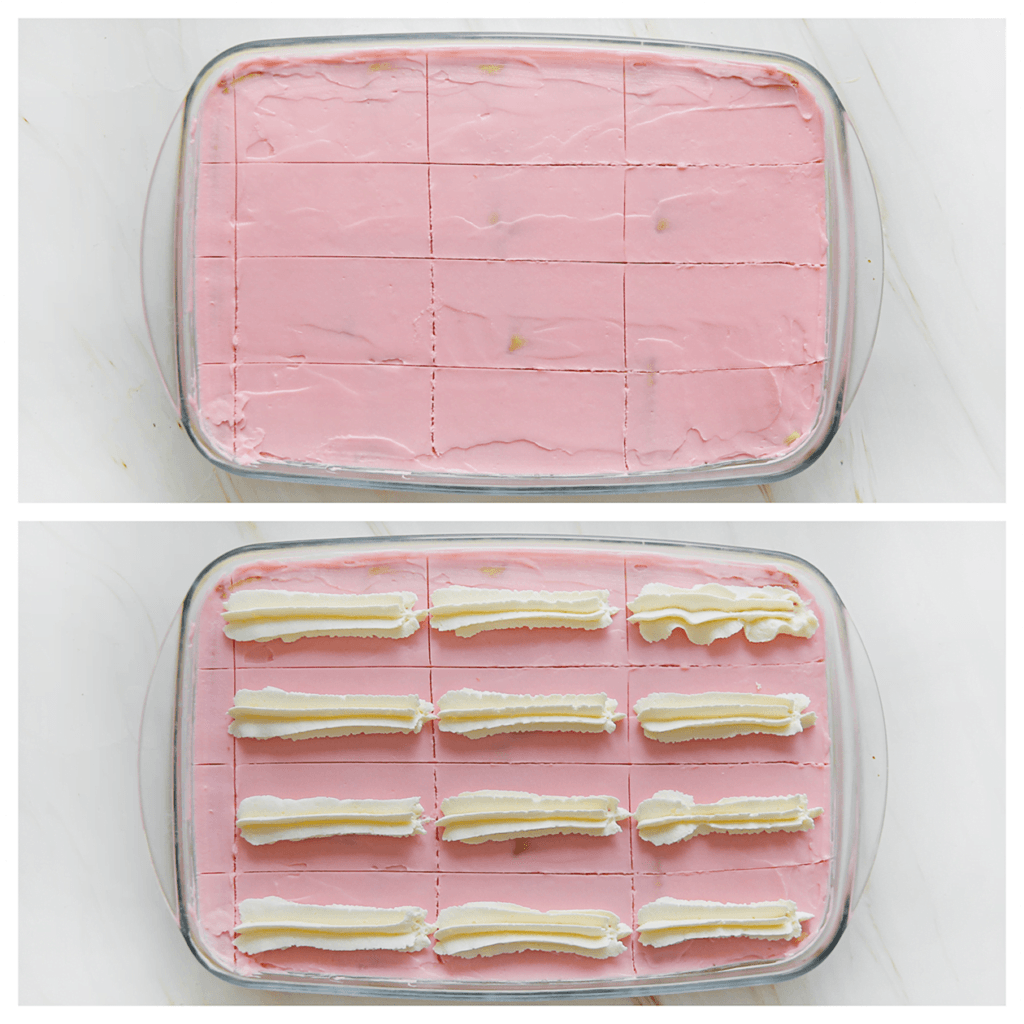 Leg het tompouce dessert, afgedekt, in de koelkast. Laat een aantal uur opstijven. Het liefst een nachtje.