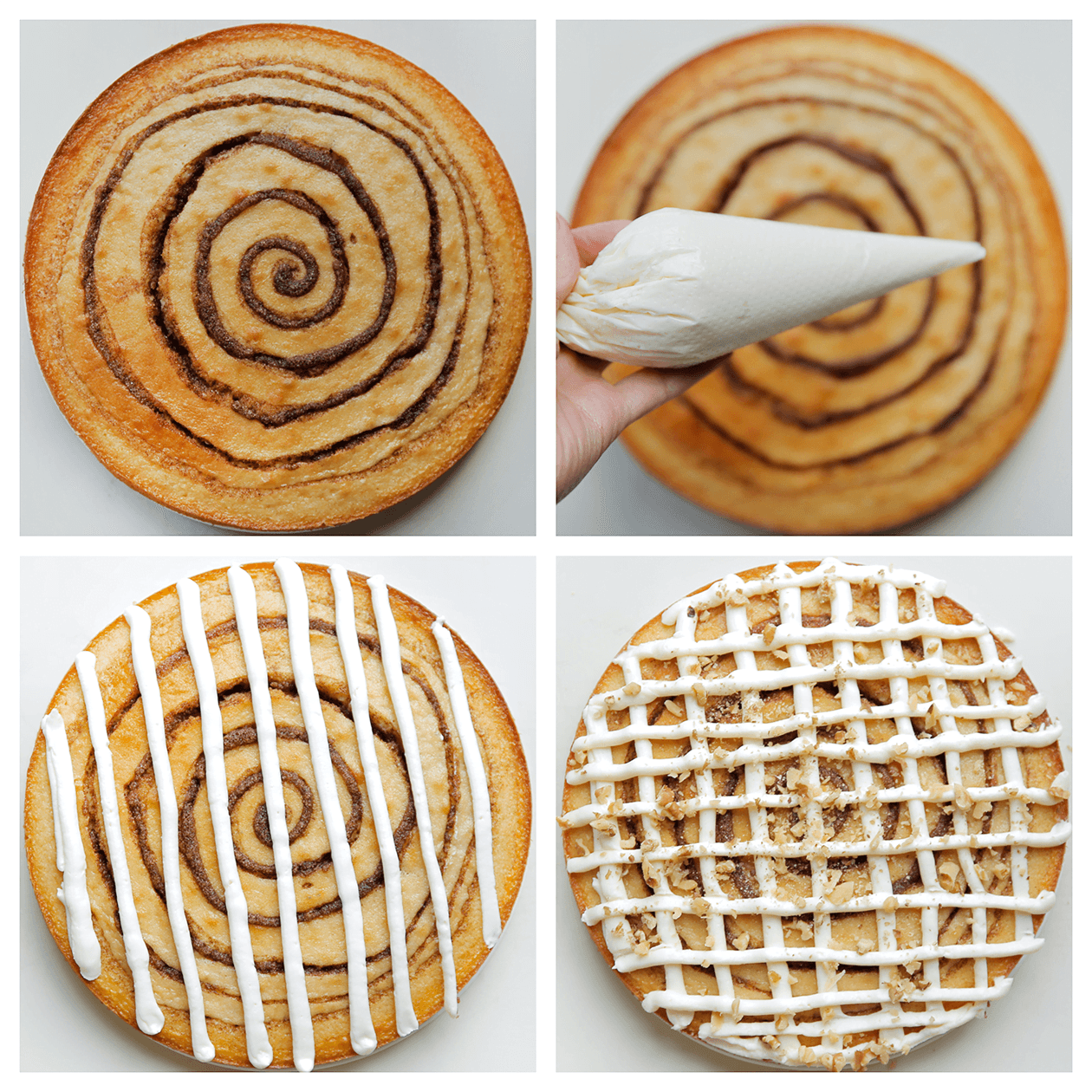 Topping in ruitjes spuiten over de kaneelcake en garnneren met walnoten