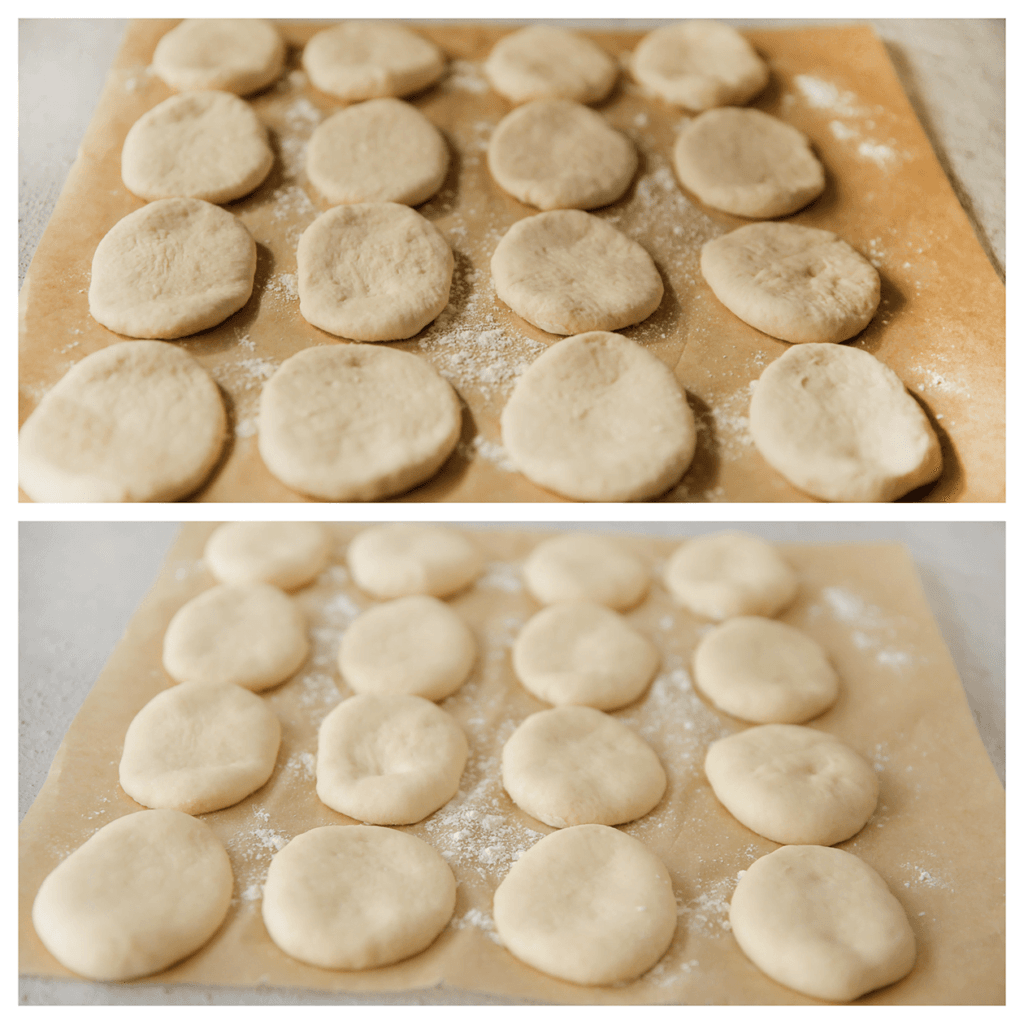 Leg het deeg op een met bloem bestoven werkplek (zo voorkom je dat het deeg plakt bij het optillen). Laat een half uur rijzen of tot ze in formaat zijn verdubbeld (leg op een warme plek in huis). 