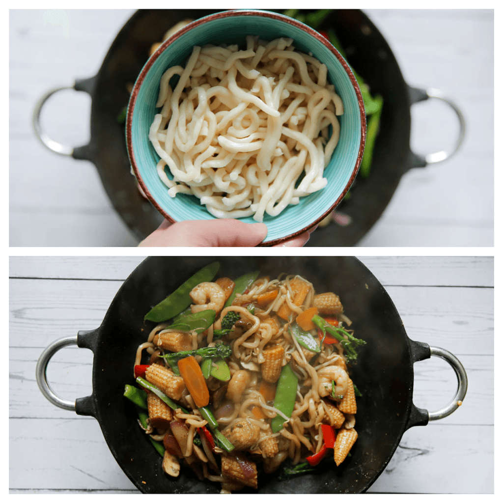 Voeg de udon noedels toe en roerbak 1-2 minuten.