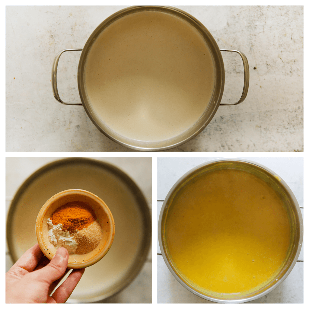 Doe het groentemengsel terug in de pan. Voeg de kurkuma, het zout, uienpoeder, knoflookpoeder en de cayennepeper toe. Meng tot een geheel. Kook 2 minuten.