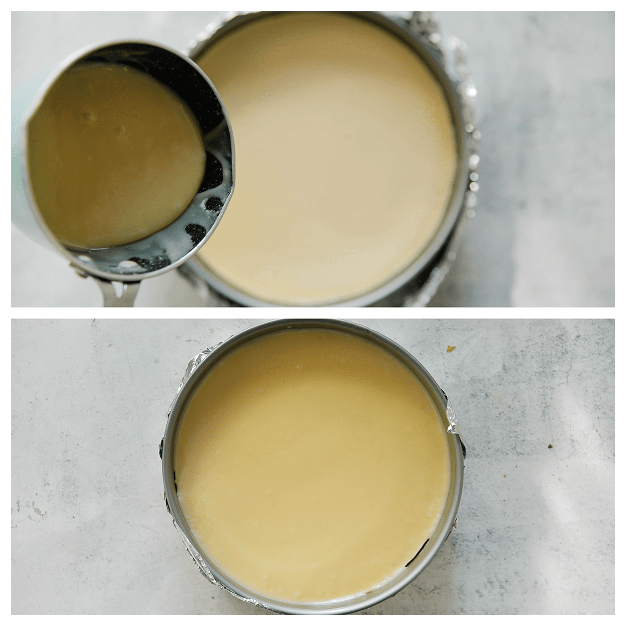 Witte chocolade ganache verdelen over de cheesecake