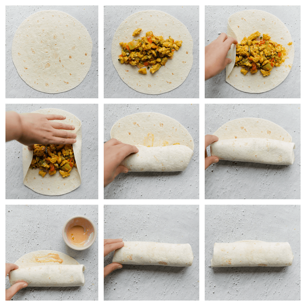 Neem een wrap en schep het kipmengsel erop. Vouw en rol de wrap bijna dicht. Smeer aan het eind van de wrap wat van het bloemmengsel op en plak deze goed dicht. Dit helpt om de wrap goed dicht te plakken. Herhaal de werkwijze.