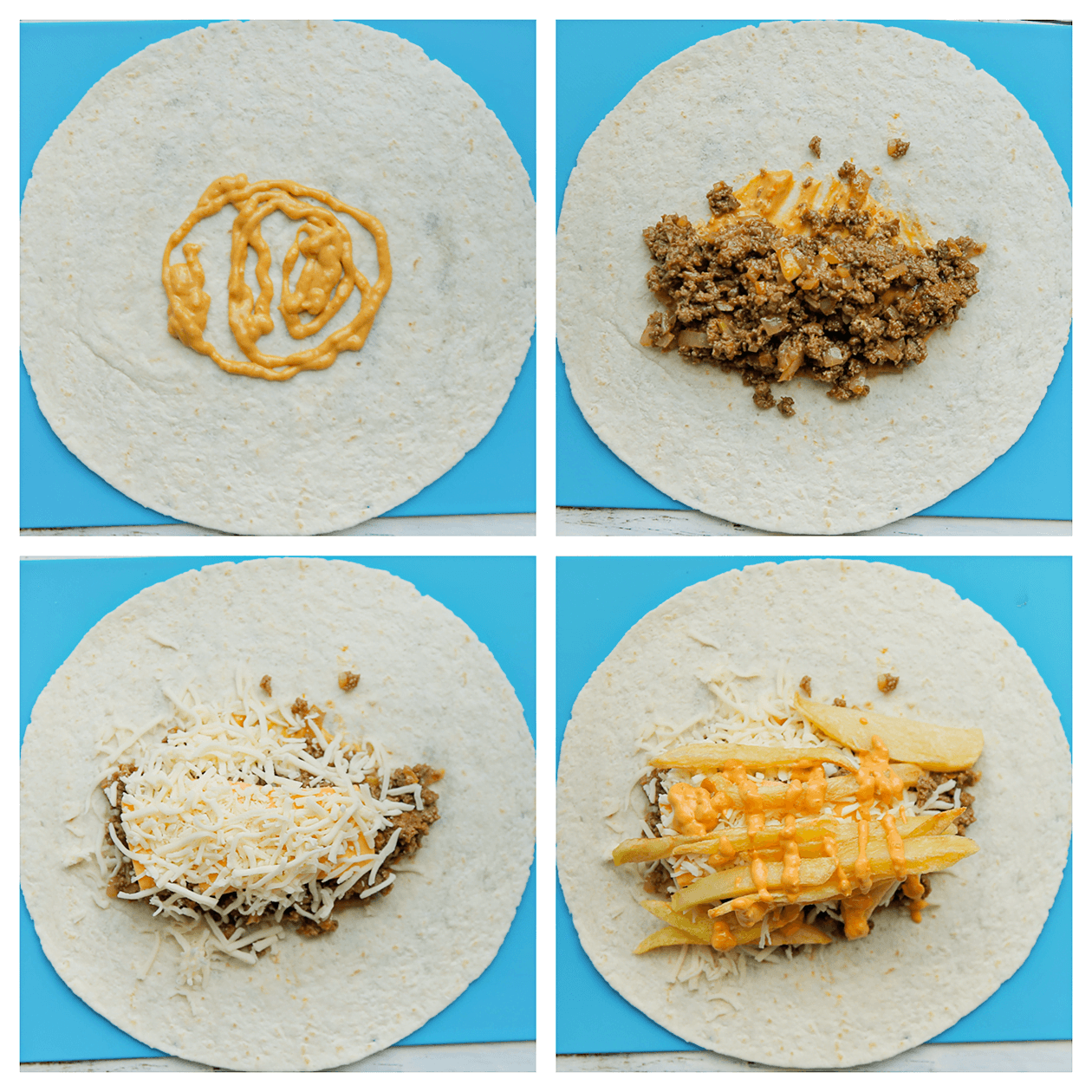 Wraps vullen met saus, gehaktmengsel, kaas en saus