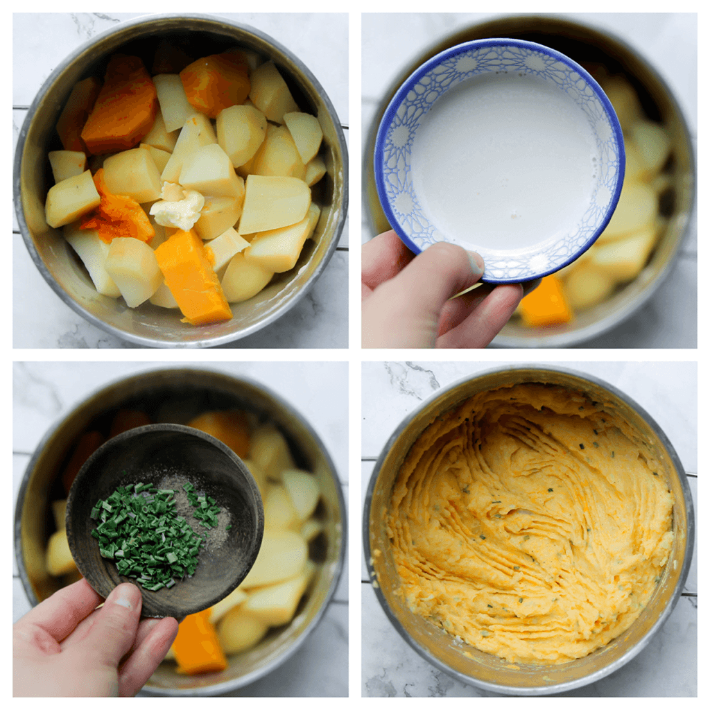 Voeg de roomboter, melk, het zout, de zwarte peper en gedroogde bieslook toe aan de gekookte aardappels en pompoen. Stamp/prak tot een mooie puree.