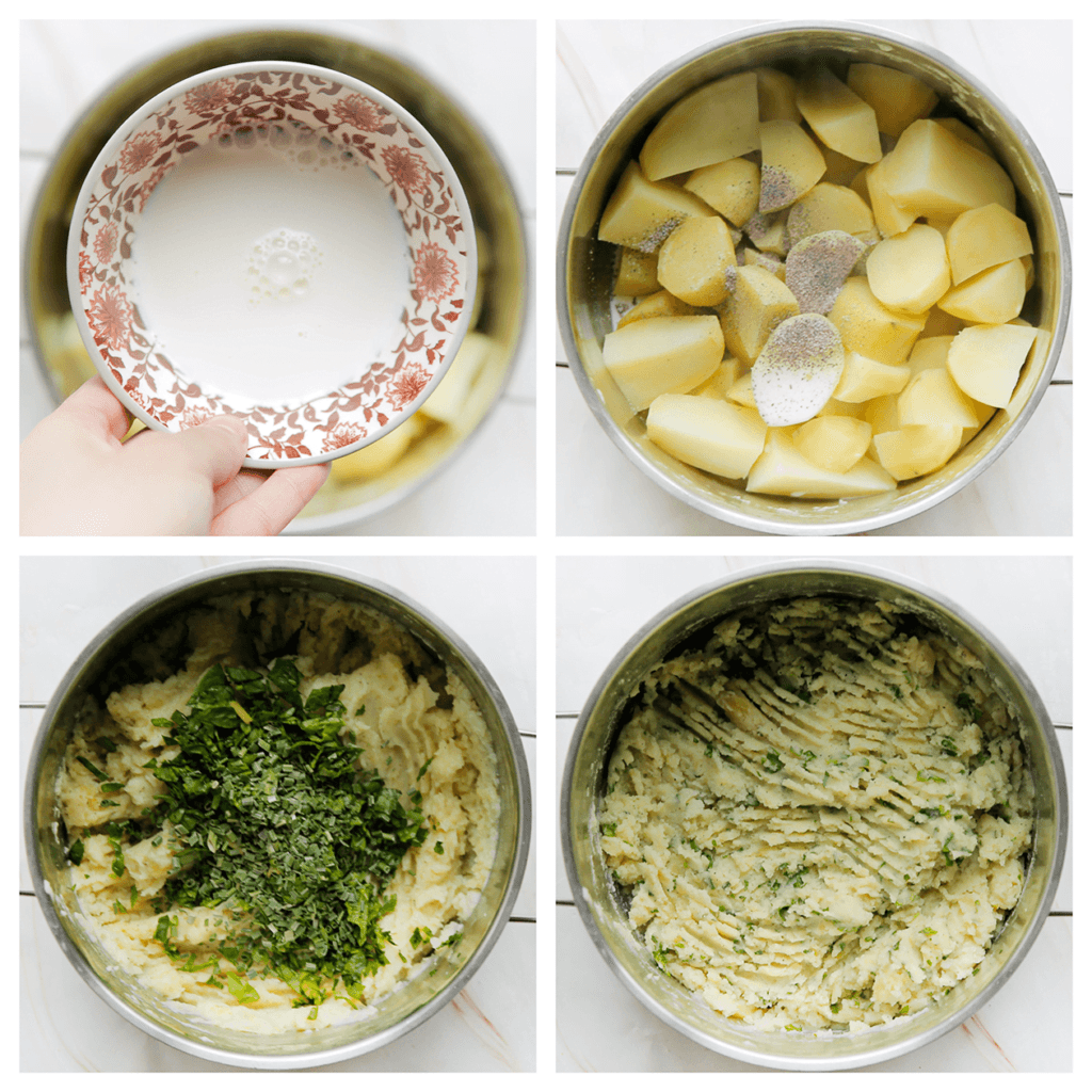 Voeg de roomboter, melk, het zout en de peper toe. Stamp/prak fijn. Voeg de fijngesneden andijvie toe en meng goed.