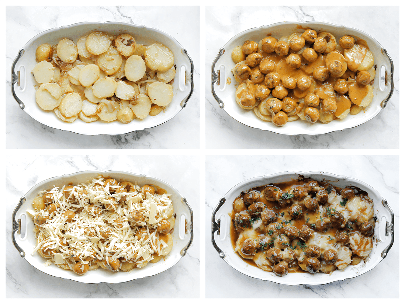 Aardappels bakken in de oven met de gehaktballen in saus en kaas