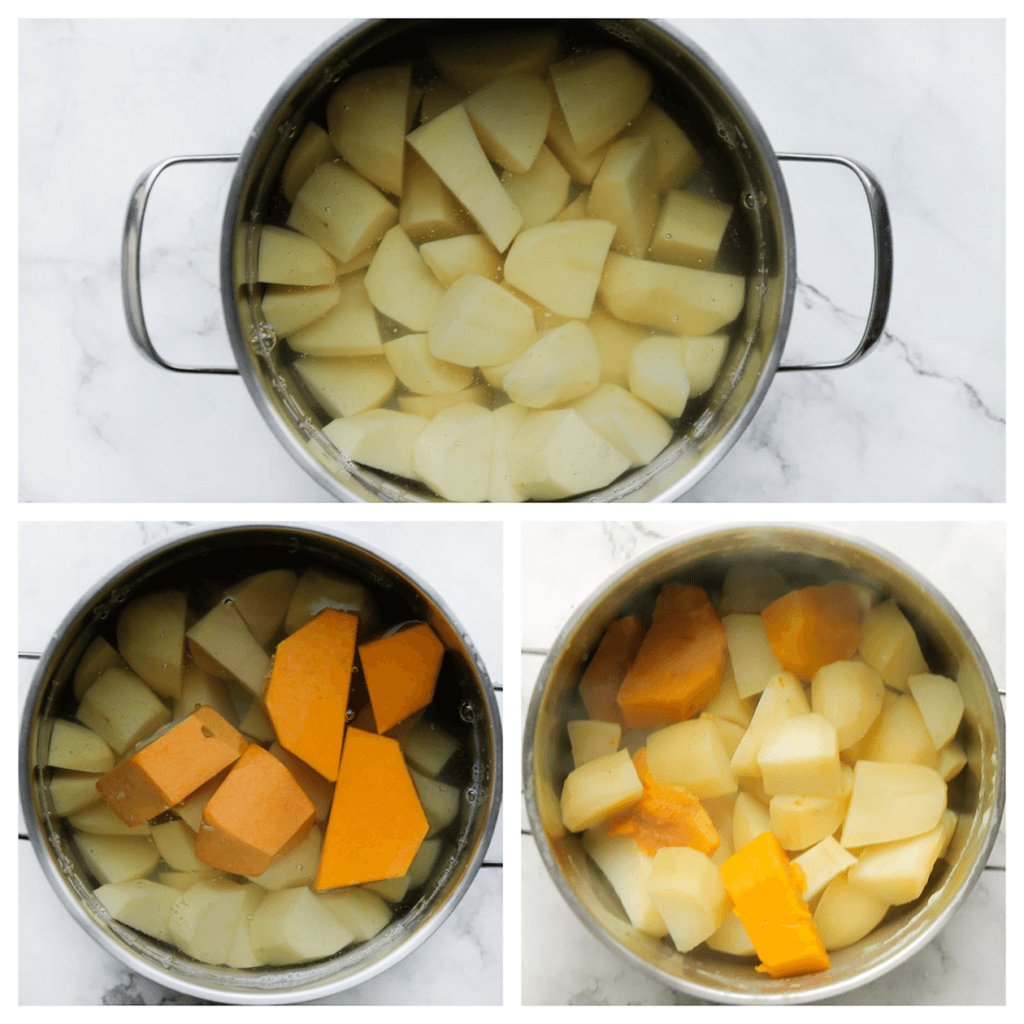 Schil/snijd de aardappels en pompoen in stukken. Breng een pan met halfvol water aan de kook. Voeg de aardappels en pompoen toe. Kook in ca. 15-20 minuten zacht. Laat het water uitlekken.