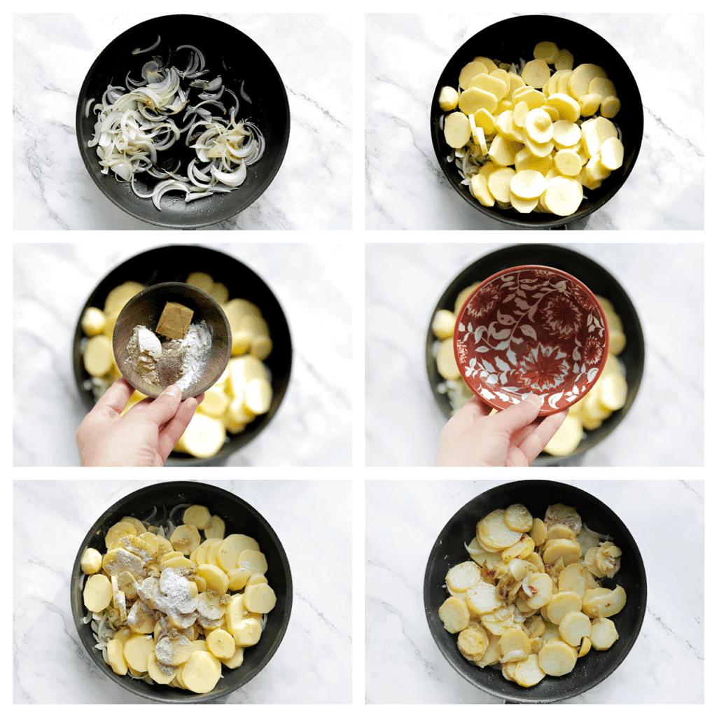 Verhit de olijfolie op middelhoog vuur. Voeg de gele ui toe en bak 4 minuten. Voeg de aardappelschijfjes, knoflookpoeder, uienpoeder, zwarte peper, het runderbouillonblokje en water toe. Kook, afgedekt, 20 minuten of tot de aardappels zacht zijn (roer tussendoor wel).