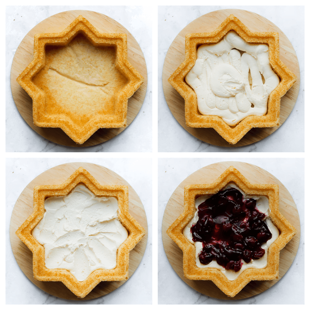 Spuit een laagje room over de bodem van de cake. Smeer goed uit. Schep er wat vlaaifruit kersen op en verdeel gelijkmatig. 