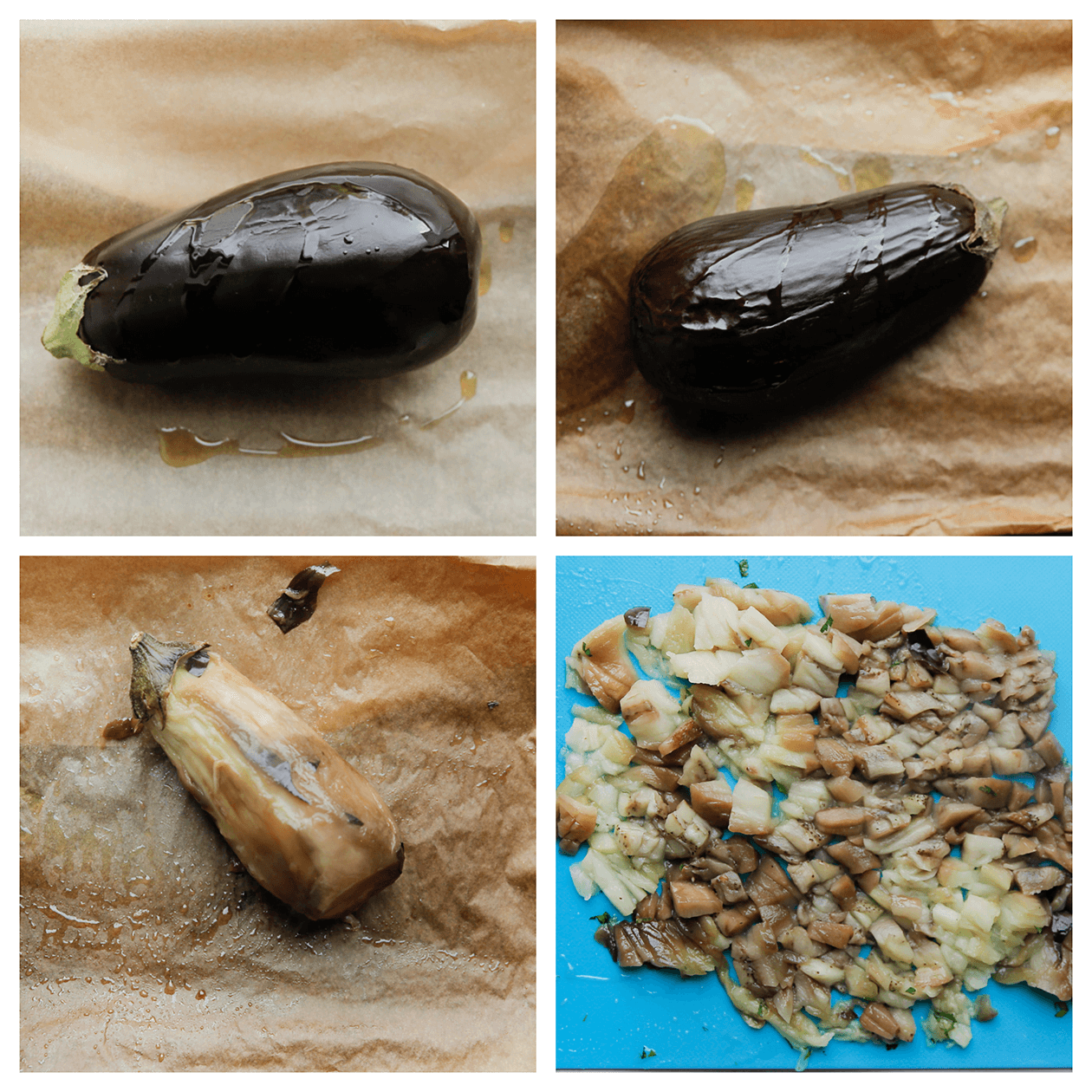 Aubergine grillen in de oven, ontvellen en in stukjes snijden