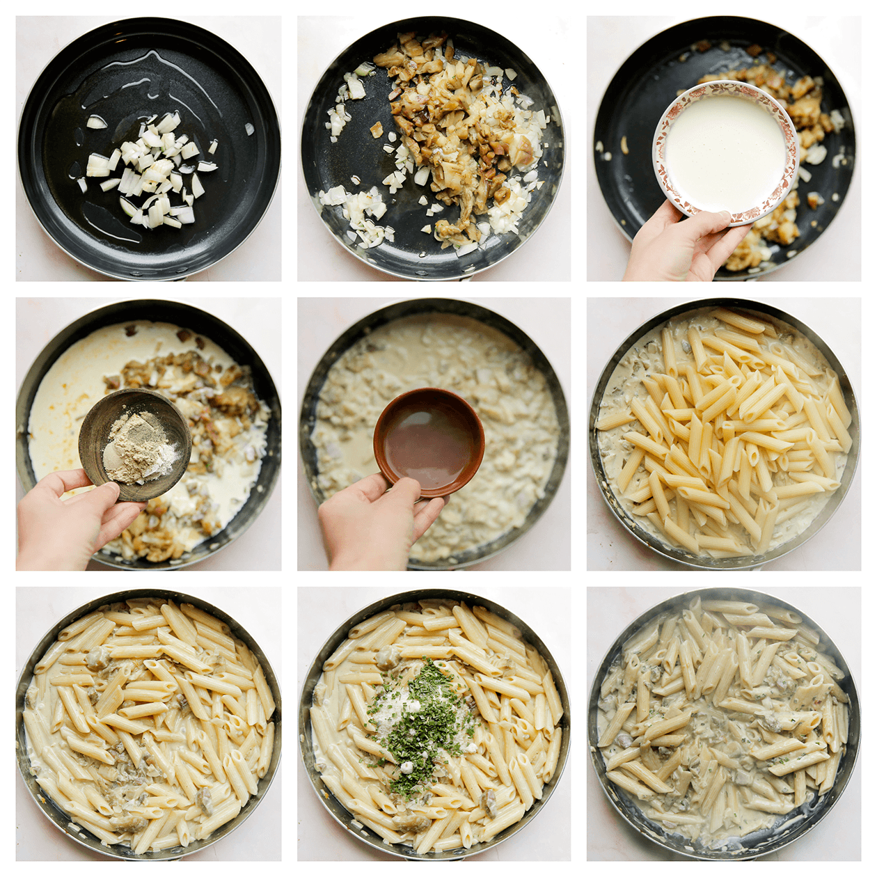 Aubergine koken met penne in een romige saus