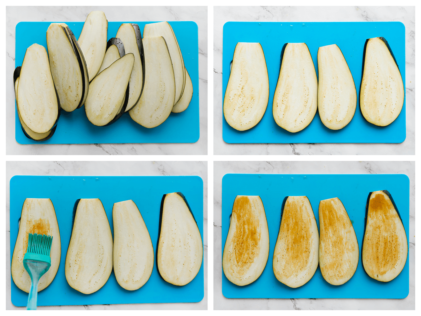 Aubergine snijden in plakjes en insmeren met een oliemengsel