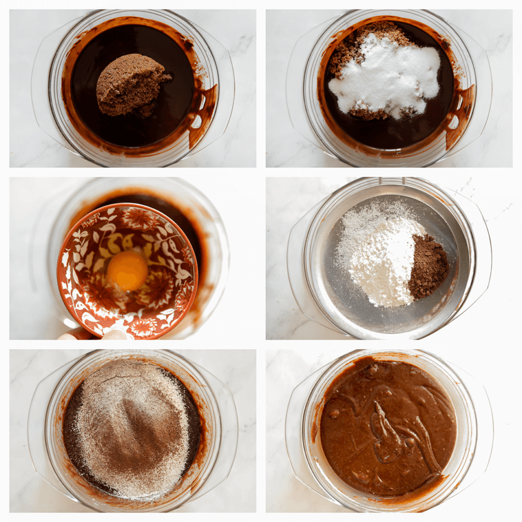 Voeg de donkerbruine basterdsuiker, suiker, vanillesuiker en het zout toe. Mix goed. Voeg de eieren één voor één toe en mix tot een geheel. Zeef de bloem en het cacaopoeder boven de kom. Mix goed.