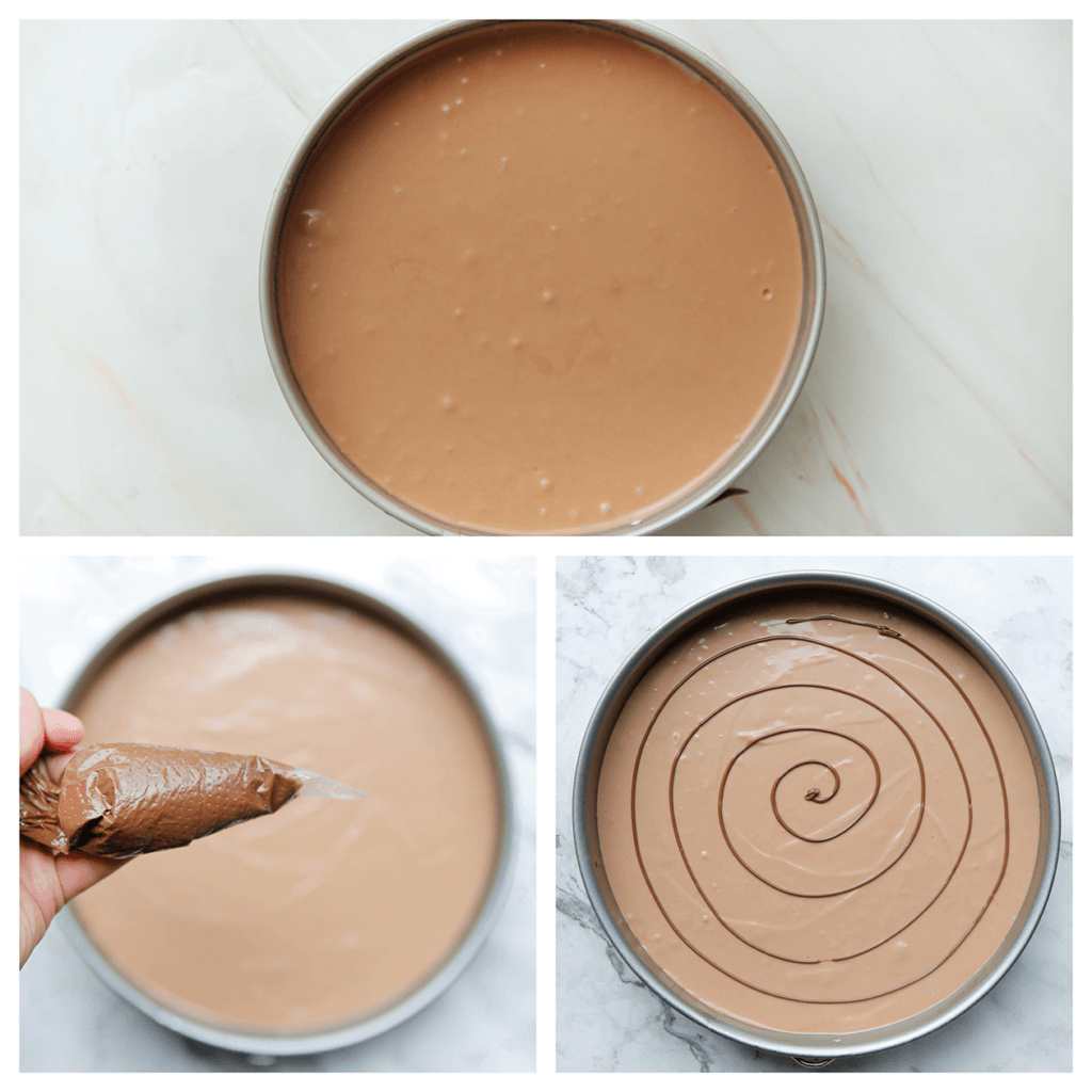 Haal de brownie uit de oven en voeg het cheesecakebeslag toe. Verdeel gelijkmatig. Spuit er een swirl op van nutella (15 g).