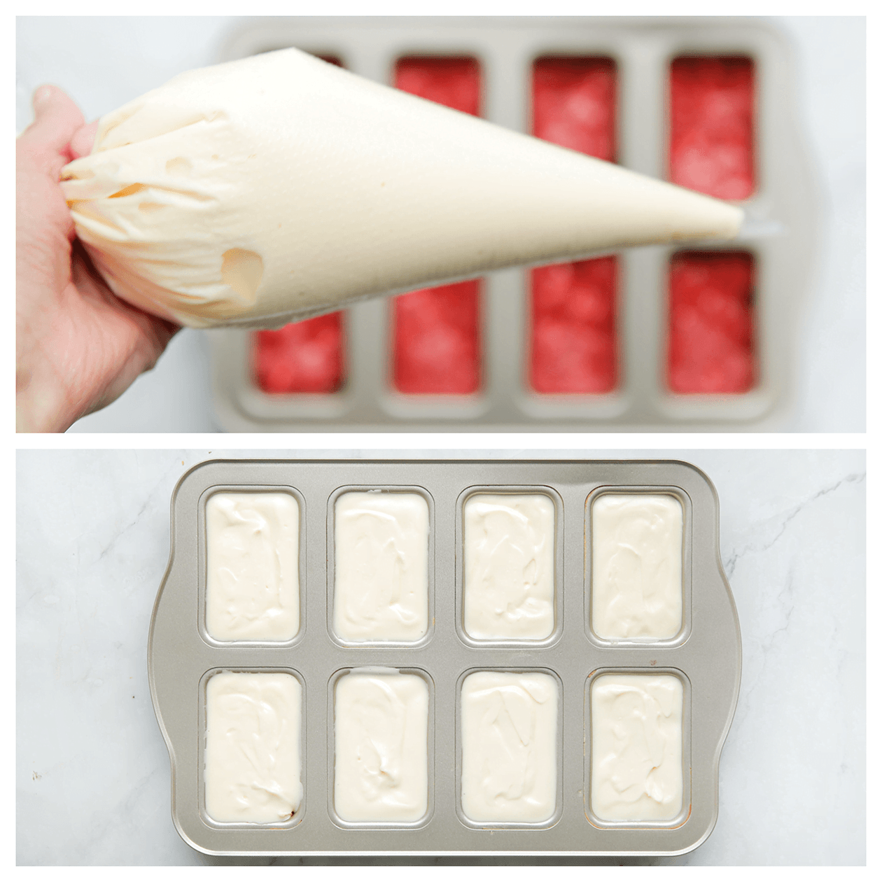 Cheesecakebeslag spuiten over de red velvet brownie-laag