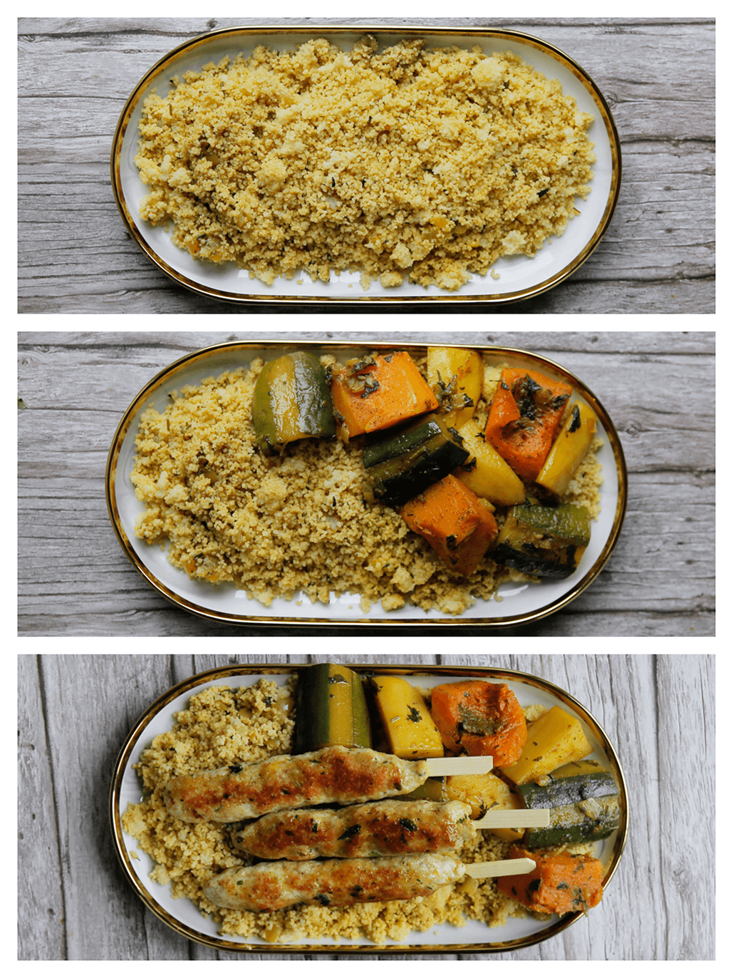 Couscous, groenten en kipspiesjes verdelen over een bord