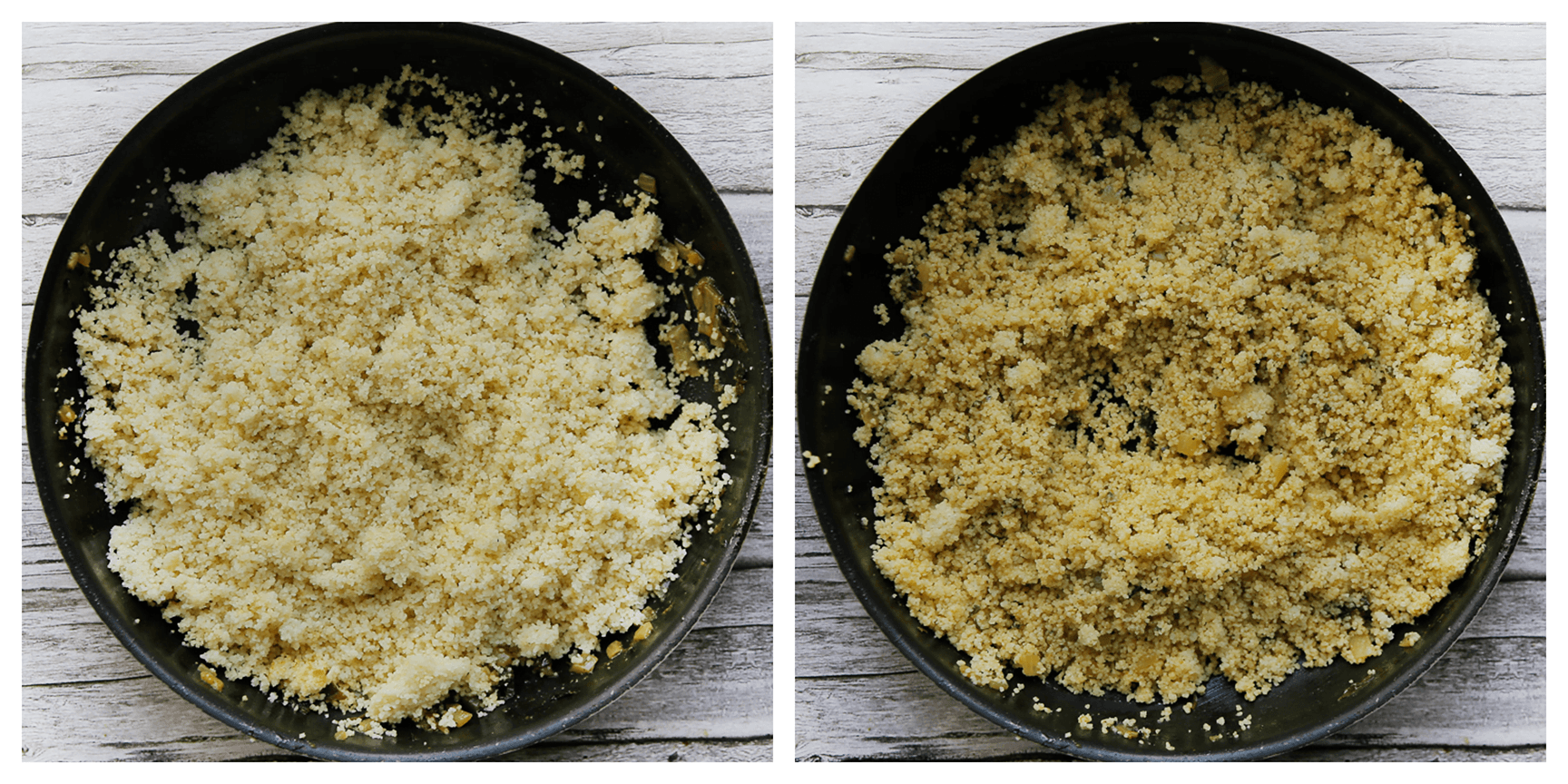 Couscous mengen met de jus in de koekenpan