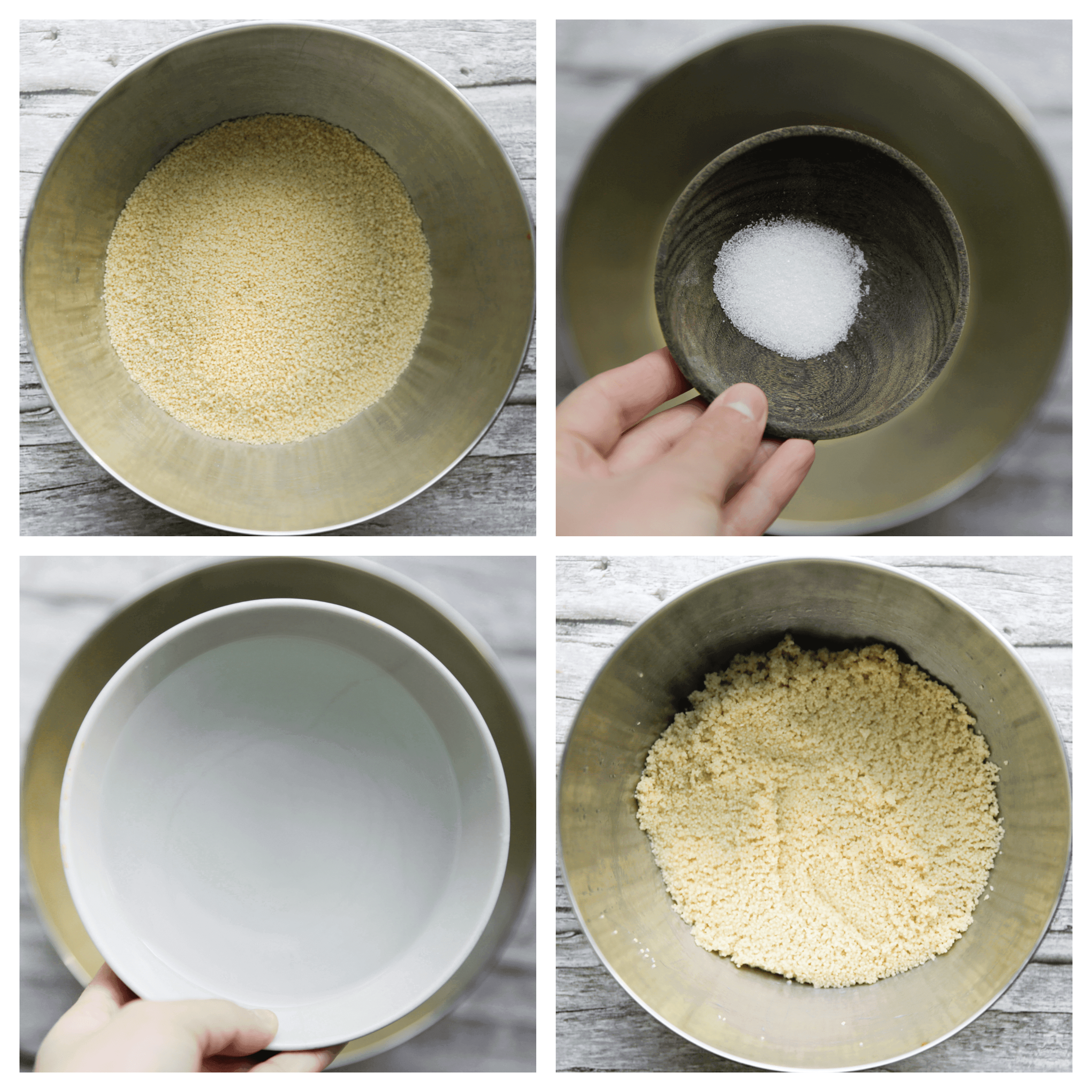 Couscous mengen met zout en water in een diepe kom