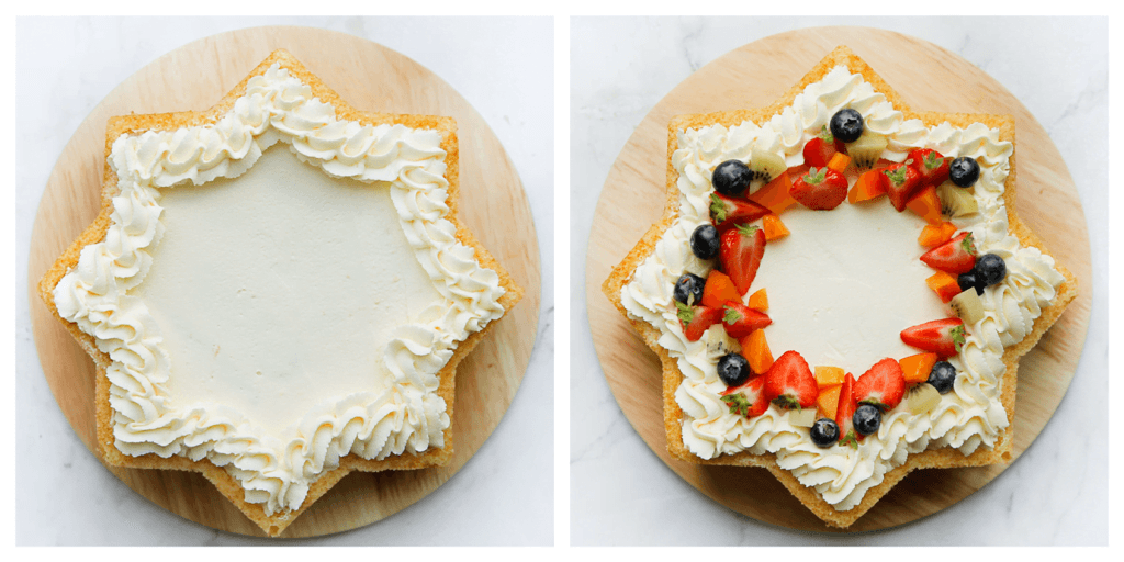 Garneer de slagroomtaart met een toefje room en stukjes verse fruit.