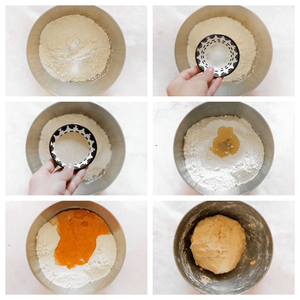 Doe de bloem samen met het zout, de gist, zonnebloemolie en het zoete aardappelmengsel in een diepe kom. Meng en kneed het deeg 10-12 minuten. 