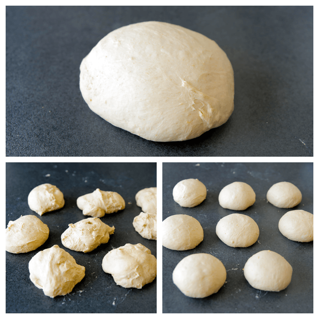 Stort het deeg op je werkplek. Verdeel het deeg in 8 porties (115 g per stuk). Vorm de deegbollen mooi rond en druk plat (1 cm).