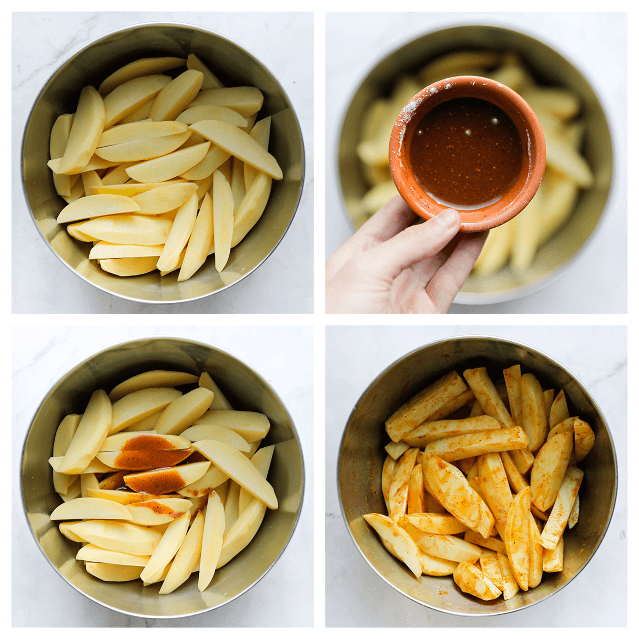 Friet mengen met een spicy oliemengsel