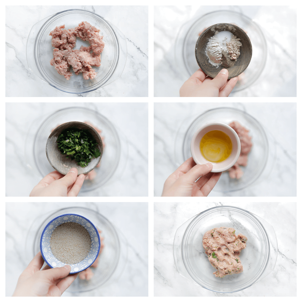 Hak de peterselie fijn. Doe het gehakt in een diepe kom. Voeg het zout, knoflookpoeder, uienpoeder, de zwarte peper, peterselie, olijfolie en broodkruimels toe. Meng goed.