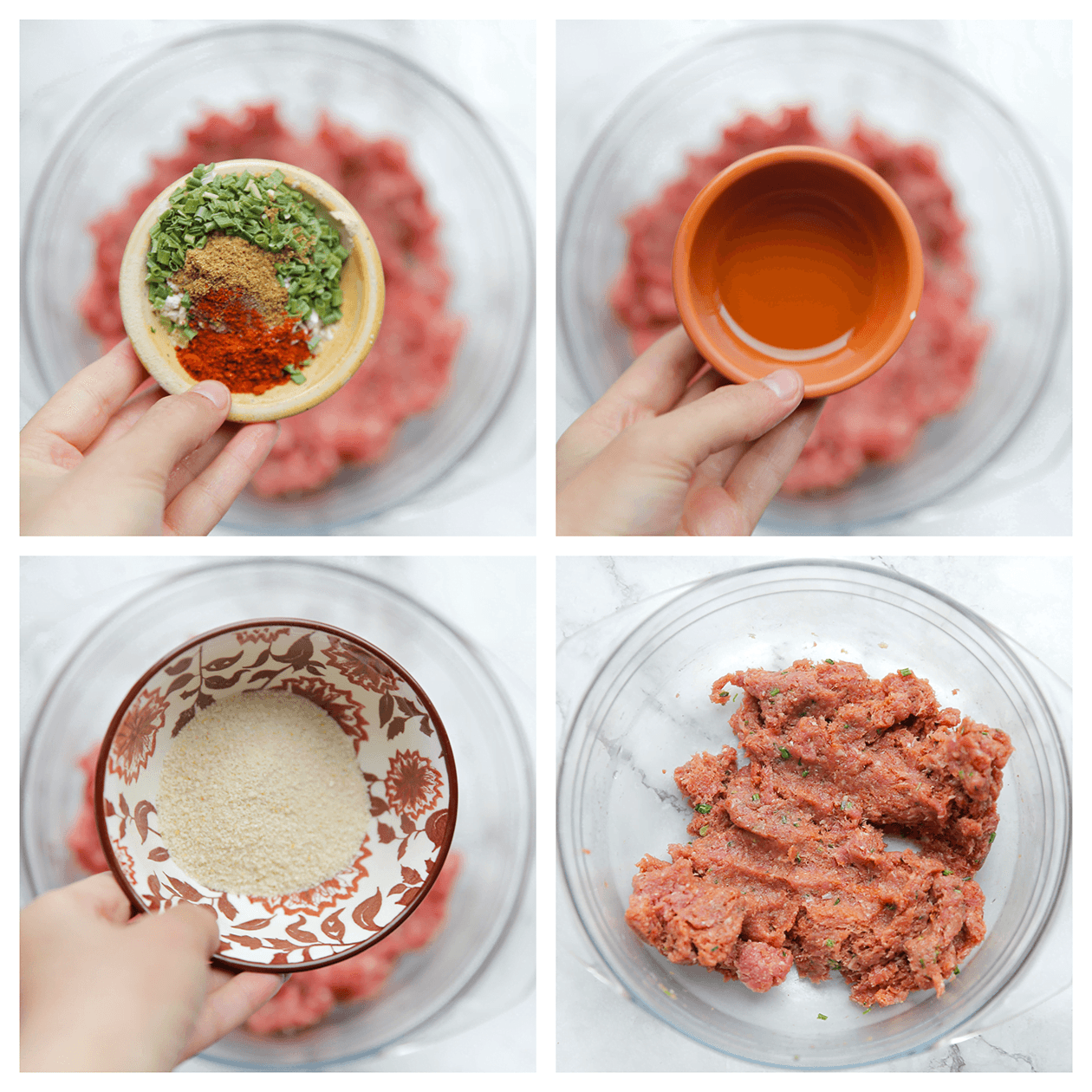 Gehakt mengen met vere kruiden, olie en broodkruimels tot een geheel