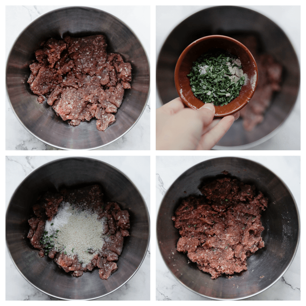 Doe het gehakt, zout, knoflookpoeder, uienpoeder, de zwarte peper, gedroogde bieslook en broodkruimels in een diepe klom. Meng goed.