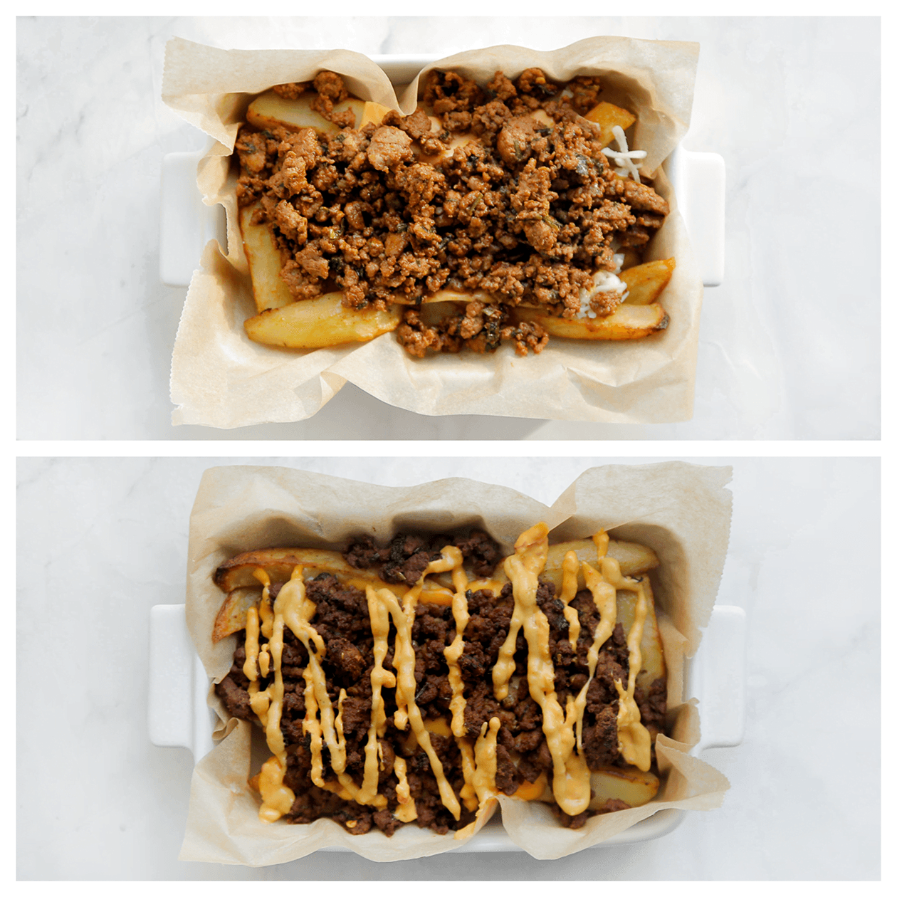 Gehakt, saus en groenten verdelen over de kazige friet