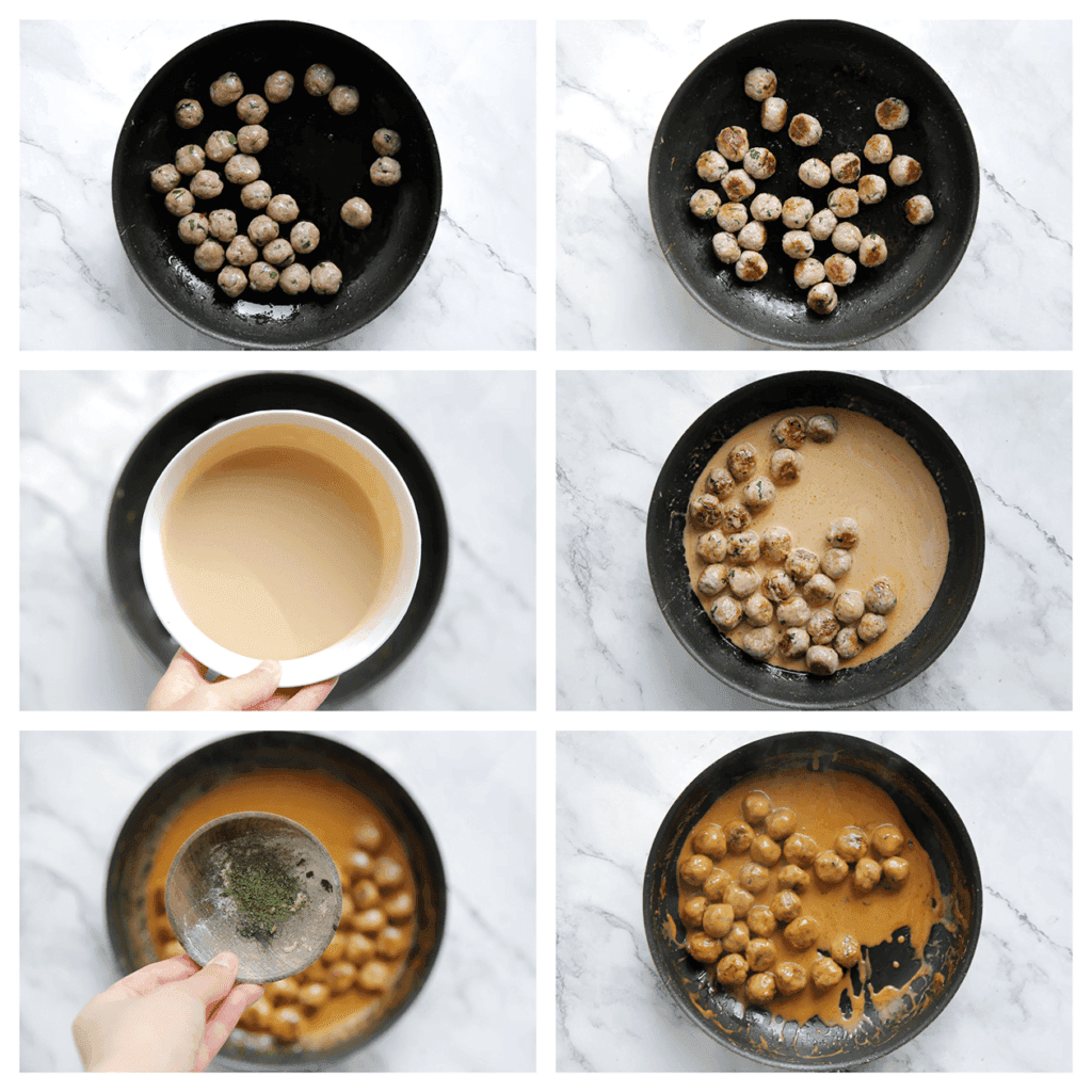 Verhit de koekenpan op middelhoog vuur. Voeg de gehaktballen toe en bak rondom goudbruin. Voeg de saus toe en kook tot het is ingedikt. Voeg de gedroogde peterselie toe en meng goed.