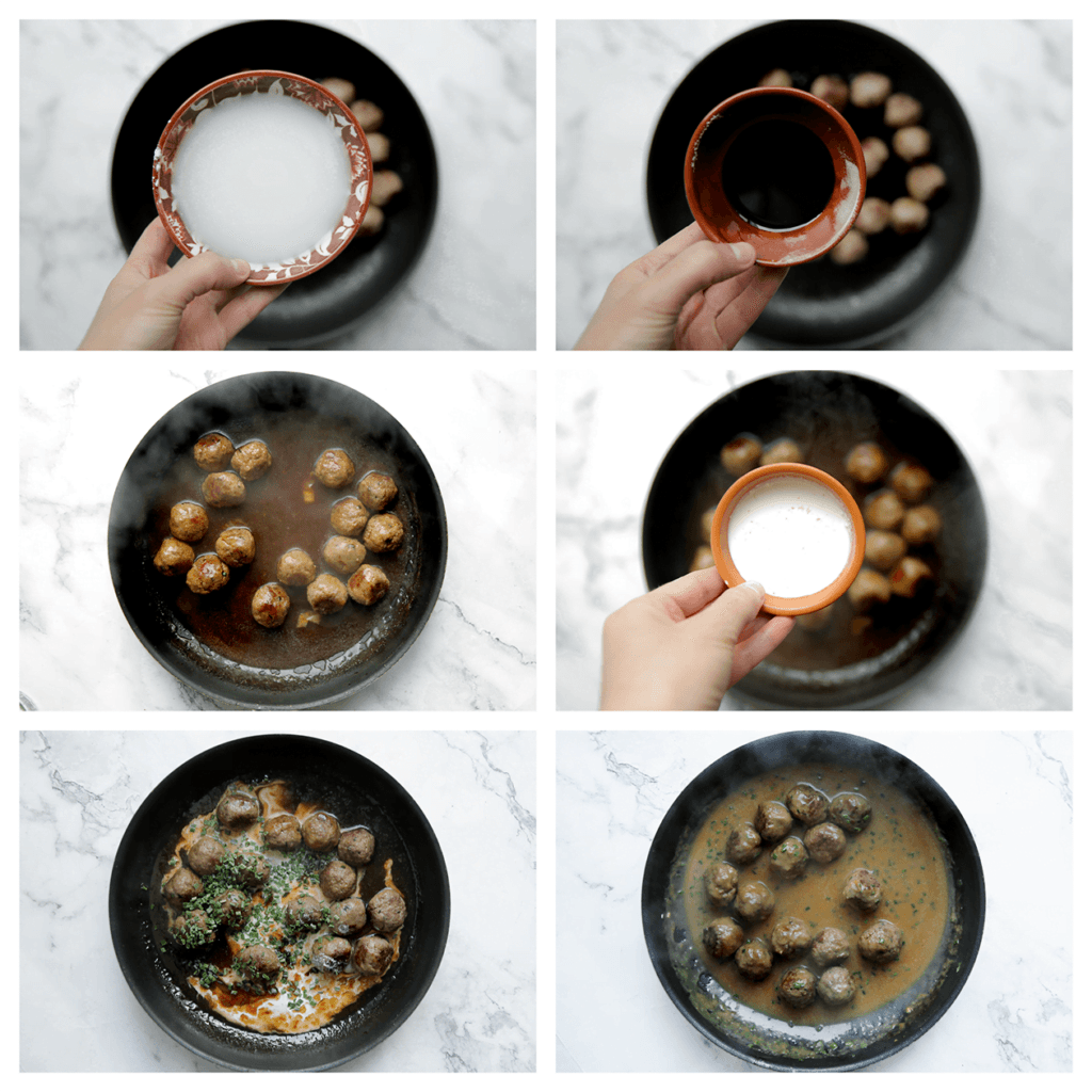 Voeg het maïzenamengsel, ketjap manis en sojasaus toe. Kook tot de saus dikkig is. Voeg de ongeklopte slagroom en gedroogde bieslook toe. Zet het vuur hoog tot de saus goed is ingekookt, blijf hier wel bij staan.