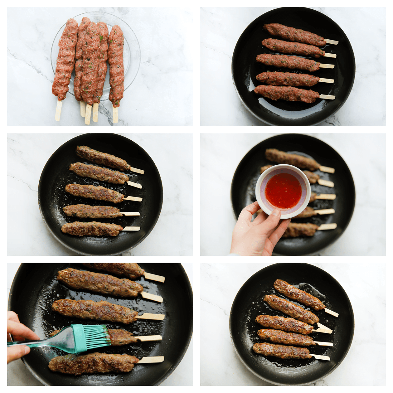 Gehaktspiesjes gaar bakken en insmeren met chilisaus