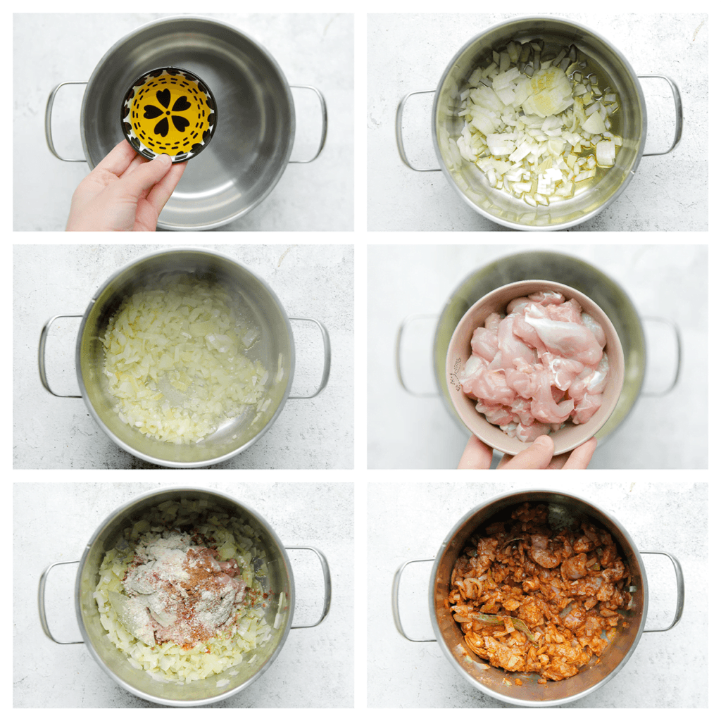 Verhit de olijfolie in een pan op middelhoog vuur. Voeg de gele ui toe bak 4 minuten. Voeg de kip, uienpoeder, knoflookpoeder, cayennepeper, zwarte peper, tijm, kaneelpoeder, komijnpoeder, paprikapoeder, laurierblaadjes en het zout toe. Bak 1 minuut.