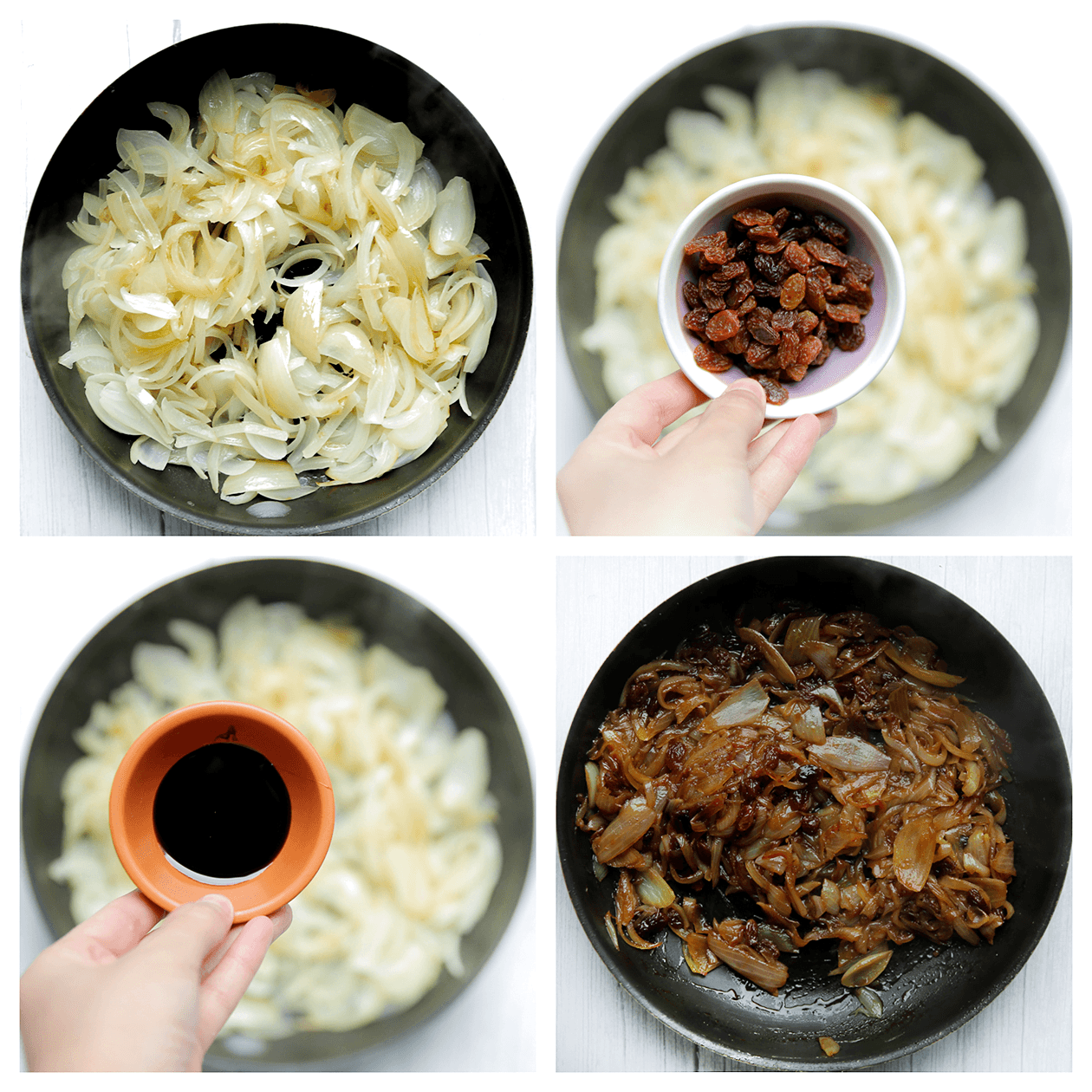 Gele ui bakken met rozijnen en karameliseren