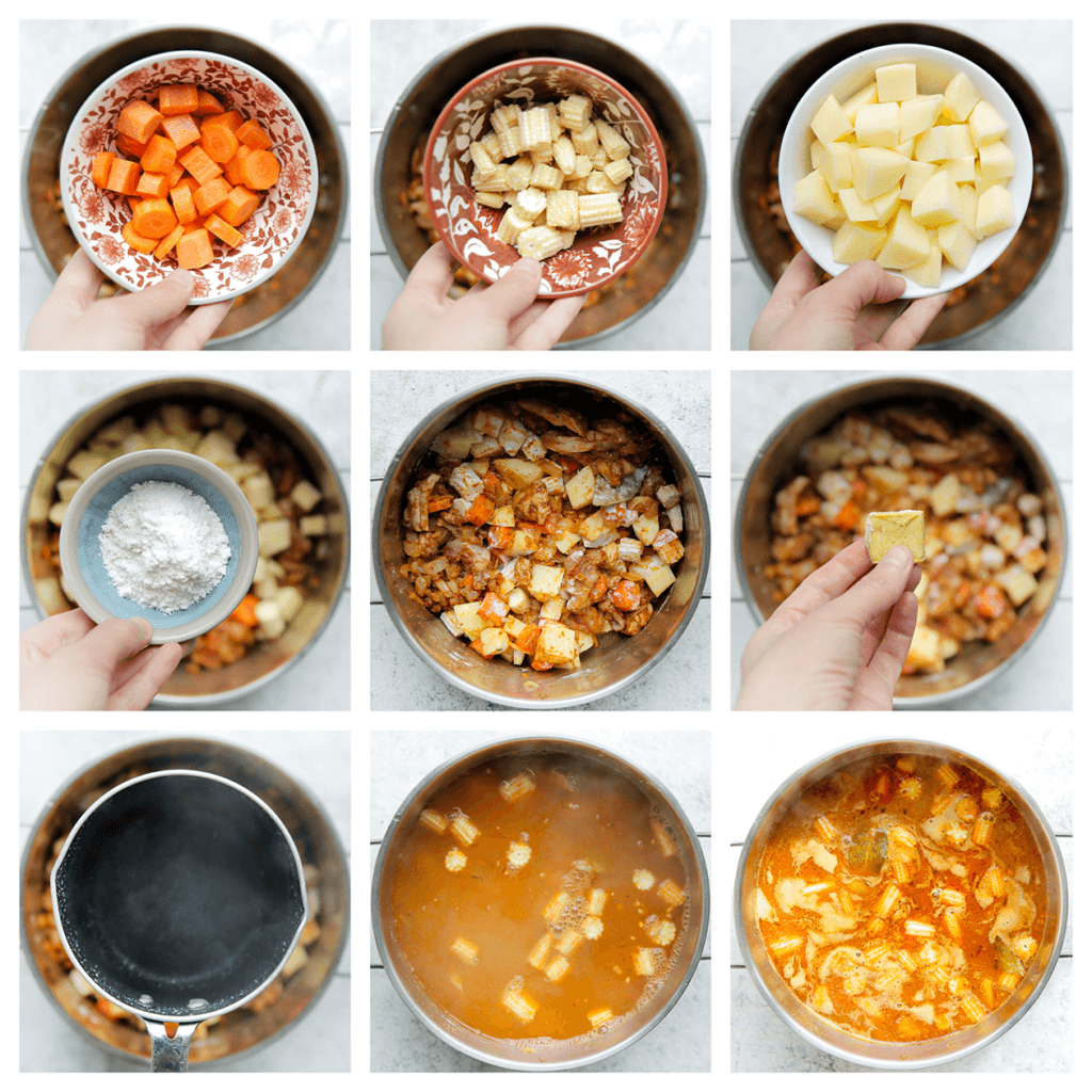 Voeg de wortel, babymaïs en aardappels en bloem toe. Meng goed. Voeg het kippenbouillonblokje en water toe. Roer tot een geheel. Zet het vuur hoog. Wanneer het kookt, zet je het vuur laag. Kook, afgedekt, 15 minuten.
