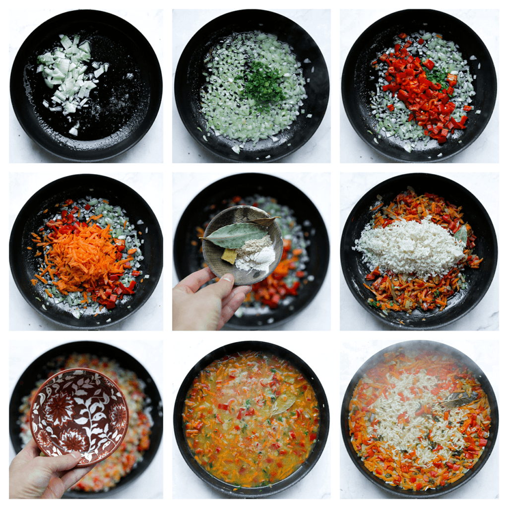 Verhit de roomboter samen met de olijfolie op middelhoog vuur. Voeg de gele ui toe en bak 3 minuten. Voeg de peterselie, rode puntpaprika, wortel, knoflookpoeder, uienpoeder, zwarte peper, het zout en de laurierblaadjes toe. Verkruimel het halve kippenbouillonblokje boven de koekenpan. Bak 4 minuten. Voeg de rijst toe en meng goed. Voeg als laatst het water toe. Kook de koekenpan op hoog vuur. Als het borrelt, zet je het vuur laag. Kook, afgedekt, 10 minuten.