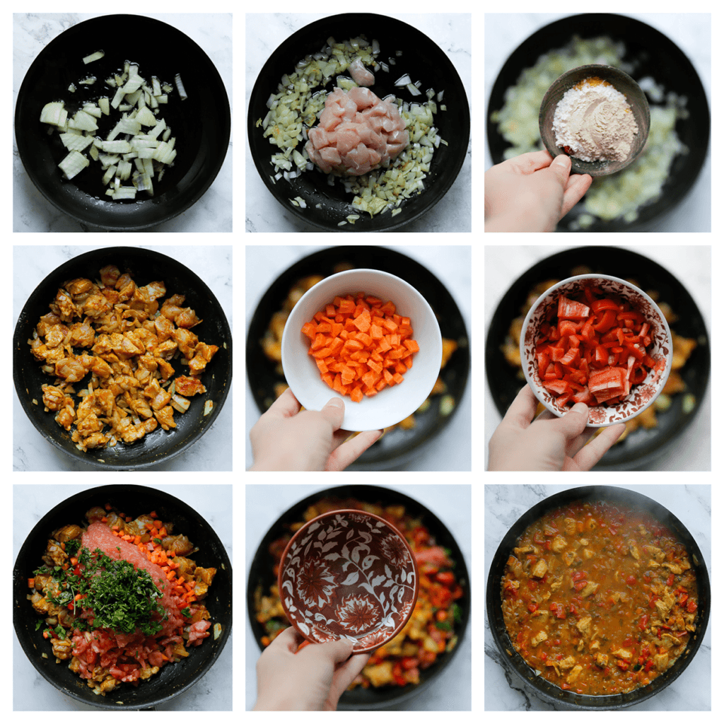 Verhit de olijfolie in een koekenpan op middelhoog vuur. Voeg de gele ui toe bak 3 minuten. Voeg de kip, ras el hanout, cayennepeper, kurkuma, knoflookpoeder en het zout toe. Bak 1 minuut. Voeg de tomaat, rode paprika, wortel en peterselie toe. Meng goed. Voeg het water toe en zet het vuur hoog. Als het goed kookt, zet je het vuur laag. Kook, afgedekt, 25 minuten.