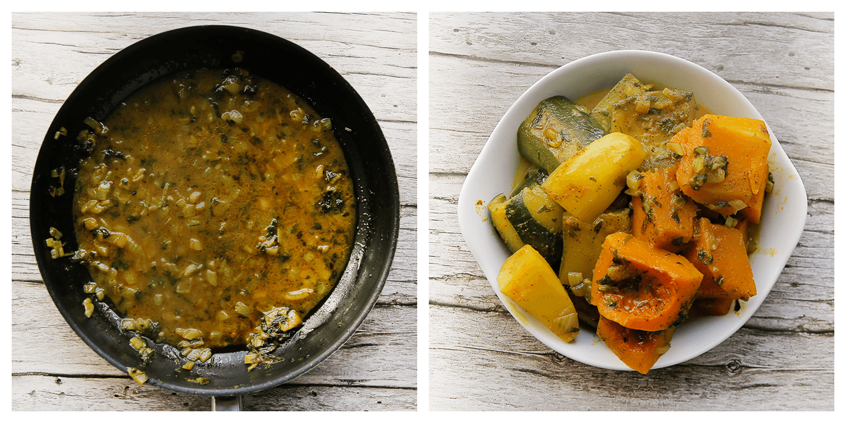 Groenten uit de koekenpan halen en apart leggen