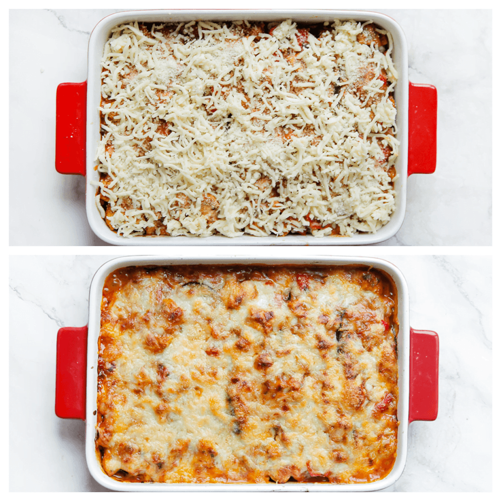 Zet de kip aubergineschotel in een voorverwarmde oven op 220 ℃. Bak tot de kaas mooi goudbruin is gekleurd.