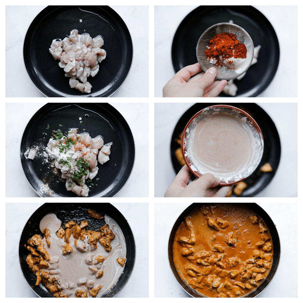 Doe de ongeklopte slagroom samen met de chilisaus en ketjap manis in een kom. Meng goed. Verhit de koekenpan op middelhoog vuur. Voeg de stukjes kip toe. Voeg de knoflookpoeder, uienpoeder, paprikapoeder, cayennepeper, het kippenbouillonblokje en de peterselie toe. Bak 5-6 minuten. Voeg het slagroommengsel toe aan de kip. Meng goed en kook tot de saus goed is ingedikt.