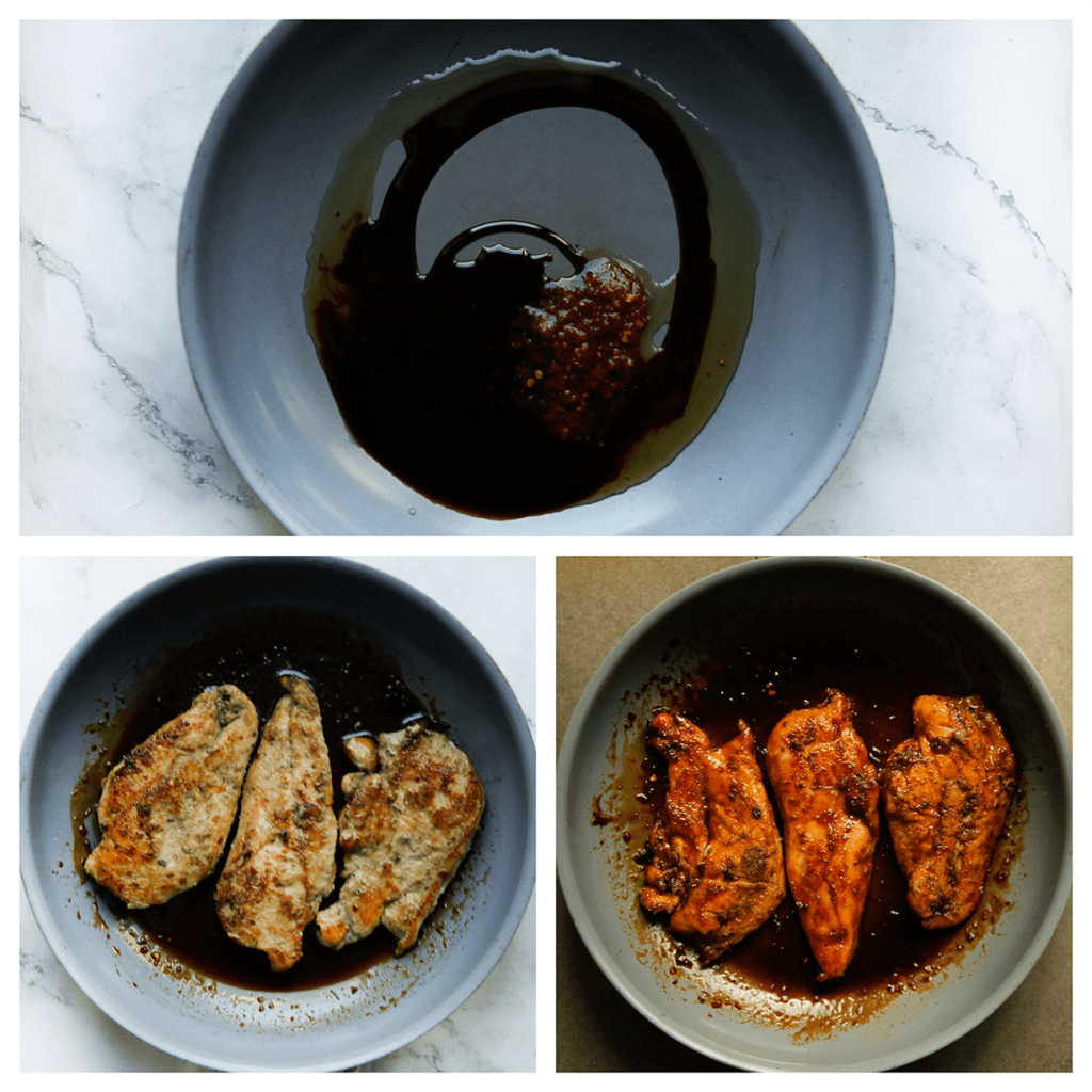 Verhit de ketjap manis samen met de sojasaus, honing en sambal in een koekenpan op middelhoog vuur. Voeg de kipfilet toe en bak aan beide kanten.