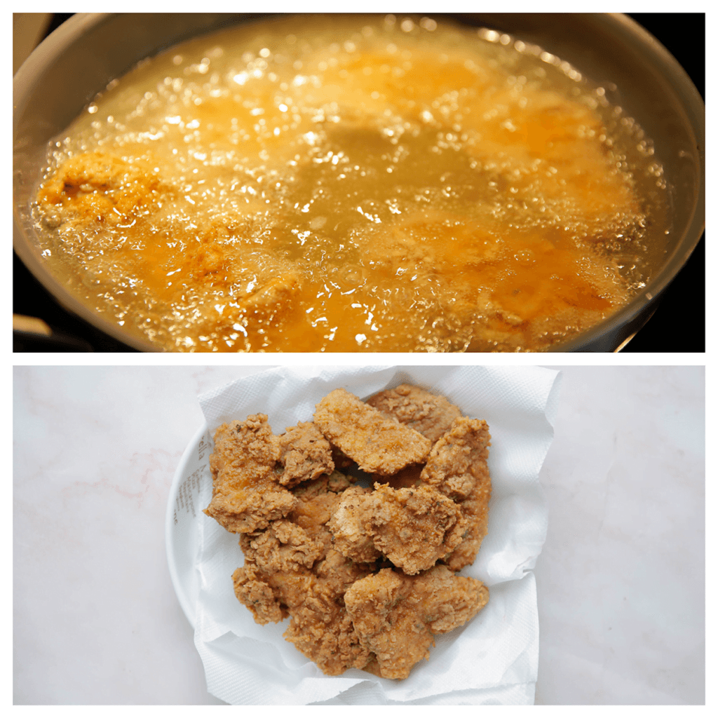 Verhit een laagje zonnebloemolie in een koekenpan op middelhoog vuur. Bak de kip aan beide kanten goudbruin. Laat uitlekken op keukenpapier.