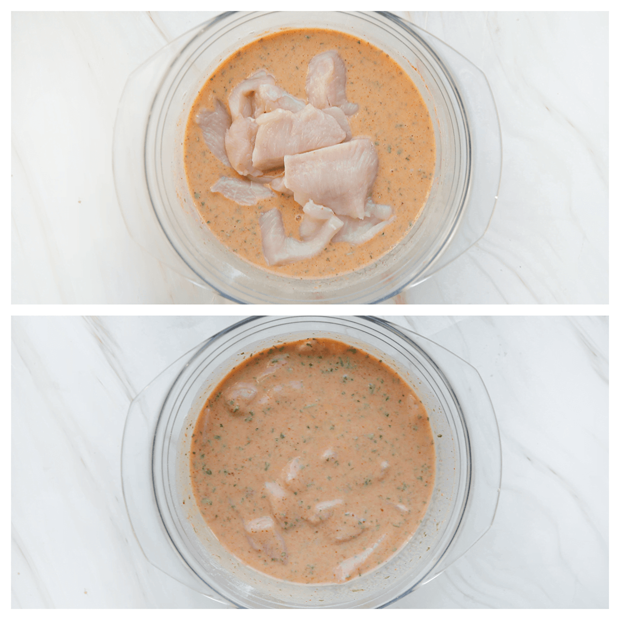 Kipfilet mengen met het karnemelkmengsel in een diepe kom